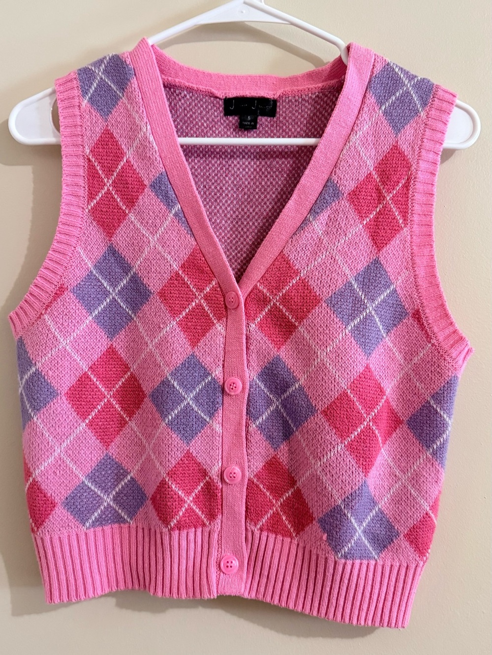 Classic Pink Argyle Button-Front Sweater Vest